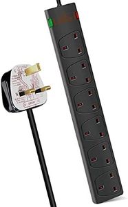 EXTRASTAR 6 Way Extension Leads with Surge Protection, 13A 3120W Approved British UK Wall Mounted Power Strips with 1 Metre Extension Cord for Home, Office - Black