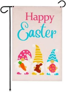 G128 Garden Flag Happy Easter Three Gnomes with Carrot Chocolate Bunny Egg 12"x18" Burlap Fabric
