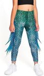 Mermaid Leggings for Girls Fish Scale Printing Yoga Pants Halloween Costume Tights Mermaid Birthday Outfit, Blue-green, 9-10 Years