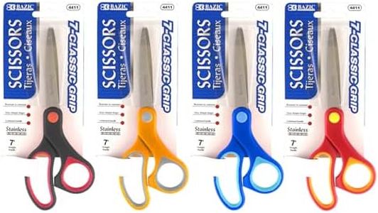 BAZIC Products Stainless Steel Scissors 7", Soft Grip Straight Handle, Sharp Scissor Blades, Cutting Paper Fabric Craft Photo Sewing for School Office, 4-Pack