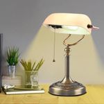 Glass Banker Desk Lamp with Blub, Classic Retro Table Lamps with Pull Chain Switch, Reading Light Suitable for Study Room, Bedside, Library, Workplace Bedroom (White)