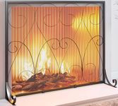 Kingson Single Panel Handcrafted Wrought Iron Symmetric Scroll Fireplace Screen with Sturdy Steel Frame Durable Metal Mesh Decorative Free Standing Spark Guard Black Finish