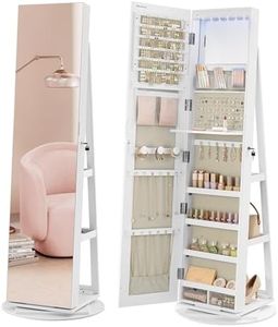 SONGMICS 6 LEDs Lockable Mirror Jewelry Cabinet, 360° Swivel Jewelry Organizer, Standing Jewelry Armoire, Frameless Full-Length Mirror, 3 Storage Shelves, White Surface, Greige Lining UJJC007W02V1