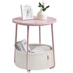 VASAGLE Small Round Side End Table, Modern Nightstand with Fabric Basket, Jelly Pink and Cream White ULET223R61