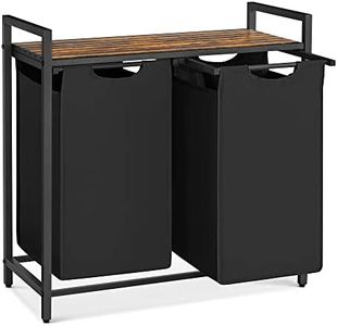 VASAGLE Laundry Basket, 2-Compartment Laundry Hamper, Pull-Out and Removable Laundry Bags, Laundry Sorter, Shelf, Metal Frame, 2 x 46L, 73 x 33 x 72 cm, Brown and Black BLH201B01V1