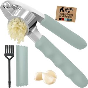 GORILLA GRIP Garlic Press and Peel Set, Heavy Duty Mincer Tool, Large Ergonomic Handle, Easily Mince and Crush Garlics, Ginger, Nuts, Seeds, Peeler Included, Peeling Cloves, Kitchen Gadgets, Mint