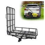 ECOTRIC Hitch Mount Wheelchair Carrier with Mobility Ramp for Wheelchair Scooter Lawn Mower Snow Blower Hauler 500lb Capacity Basket-Style
