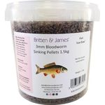 Premium 3mm Bloodworm Sinking Pellets Fishing Bait by Britten & James (1.5kg). High Attractant, Rapid Breakdown, Four Seasons' Bait in a Reusable 2L Tub - Red Dye Removed