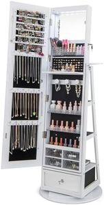 Happygrill 360° Swivel Jewelry Armoire with Full-Length Mirror, Lockable Jewelry Organizer W/ 6 LEDs, Rear Storage Shelves, Bottom Drawer & Hairdryer Holder Standing Jewelry Cabinet (White)