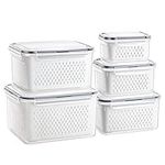 GUWINA Fresh Food Storage Containers for Fridge,5 Pack Plastic Fridge Organisers Storage Containers Set with Lids and Colander,Stackable Fruit Vegetable Produce Saver Containers for Refrigerator