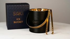 SAKI | Black and Gold Ice Bucket with Tong - 1500 ml | Stainless Steel Double Walled Insulated | Ice Bucket for Bar & Home | Ripple Design Ice Bucket | Perfect for Gifting