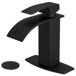 BESy Black Waterfall Spout Bathroom Faucet, Single Handle Bathroom Sink Faucet with Pop-up Drain, Rv Vanity Faucet with Deck Plate & Supply Hoses, Matte Black, 1 or 3 Hole