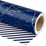 WRAPAHOLIC Reversible Wrapping Paper - Mini Roll - 17 Inch X 33 Feet - Blue Marble with Stripes Design for Birthday, Holiday, Wedding, Baby Shower