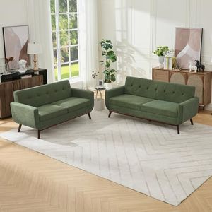 Kingfun Living Room Furniture Sets, Loveseat & Standard, Mid Century Modern Decor Sofa Couches, Button Tufted Upholstered Furniture, Green