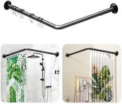 L Shaped Shower Curtain Rod - [23''-53''] x [23''-53''] Adjustable Corner Shower Curtain Rod, 90 Degree Black Shower Rod for Bathroom Bathtub, Clothing Store with 12 Ring Hooks & Ceiling Support