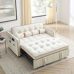 JEEOHEY Sleeper Sofa Couch w/Pull Out Bed, 55.5" New Upgraded Tufted Velvet Convertible Sleeper Sofa Bed, Small Love seat Sofa Bed w/ 2 Pillows for Small Space, Living Room, Apartment, Beige