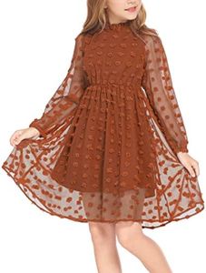 Flypigs Tween Girls Long Sleeve Fall Dresses Swiss Dot Casual Party Dress Brown 12-13Years