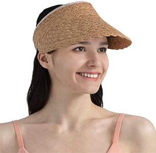 SUN CUBE Women Sun Visor Hat, Straw Beach Hat Wide Brim Visor UV Protection, Foldable Packable Cap, Roll Up Ponytail Large Sunhat, Summer Travel Golf Visor Pool Garden Fishing, UPF 50+, Brown