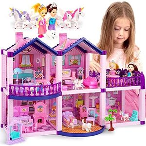 TOMLEON Dollhouse w/ Princesses, 4 Unicorns and Dog Dolls - Pink / Purple Dream House Toy for Little Girls - 4 Rooms w/ Garden, Furniture and Accessories - Girls Ages 3 - 6 (2 Princesses)