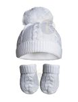 Royal Icon Baby Knitted Pom Pom Hat With Mittens Baby Boys Girls Winter Hat Mittens Set Cable Knit Single Pom Pom Bubble Hat Colours Available NB-12 Months RI6512 (White)