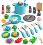 JokerKing 35Pcs Kids Kitchen Toy Accessories, Toddler Pretend Cooking Playset with Play Pots and Pans, Utensils Cookware Toys, Play Food Set, Toy Vegetables, Learning Gift for Girls Boys (Turquoise)