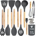 Fruitalite Silicone Kitchen Utensils Spoon Spatula Cooking Set- 13 Pcs Non-Stick with Wooden Handle- BPA Free, Heat Resistant Item, Flexible Non Toxic Silicon Cookware Tools with Holder- Grey