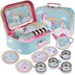 Jewelkeeper Tea Set for Little Girls - 15 Piece Sets Kids Tin Tea Party with Cups, Saucers, Plates and Serving Trays - Toddler Princess Tea Time Pretend Play - Rainbow Unicorn Design Picnic Toy