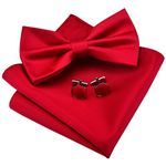 GUSLESON Mens Solid Color Double Fold Pre-tied Bow Tie and Pocket Square Cufflink Set with Gift Box, Red -a, general