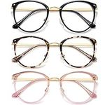 Hilbalm (3 Pack Blue Light Blocking Glasses Women and Man Computer Eyeglasses Metal Frame Glasses (Black, leopard, pink)