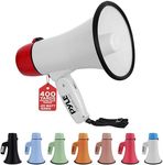 Pyle 20W Megaphone Bullhorn - Portable, Automatic Siren & Adjustable Volume,Projection Range Up to 400 Square Yards, Aux Input, Talk, Siren, Music, Whistle, & Record, Shoulder Strap (White-Red)