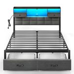 Rolanstar Bed Frame Queen Size with Drawers and Charging Station, Upholstered Platform Bed with Storage Headboard and LED Light, Heavy Duty Metal Frame Support, No Box Spring Needed, Noise Free, Grey