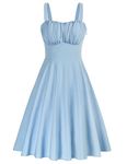 Belle Poque Vintage Sleeveless Midi Dresses for Women Light Blue Knee Length Ruched 2024 Summer Midi Flowy Dress S