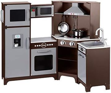 Amazon Basics Cucina giocattolo angolare in legno con sportelli, manopole e luci interattive, 99 x 71 x 89 cm, Color Espresso E Grigio