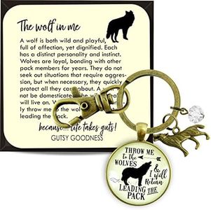 Wolf Survivor Keychain Throw Me to Wolves Leading Pack Boho Jewelry for Women Key Ring - Handmade Spirit Animal Pendant, Howling Wolf Rustic Bronze Charm, Gift Packaged Motivational Message Card & Box