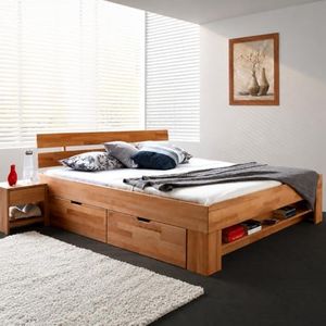 Elfo Bett Futonbett Kernbuche-massiv geölt 180 x 200 cm inkl. 4 Bettkasten auf Rollen und Fußteilregal Sofie