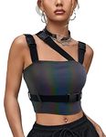 CYCLAMEN Women's Buckle Tank Tops Sleeveless Tube Crop Cami Tops Rave Gothic Punk Streetwear Shirt, A-reflective Muticolor, Buckles, Small