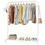 Clothes Rail, Portable Clothes Rack with Hook and Metal Storage Shelf, Heavy Duty Clothes Rail on Wheels, Clothing Rail Clothes Rails for Bedroom, Hanging Rails for Clothes, Holds up to 40 kg, White