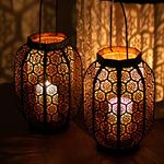Large Moroccan Lantern Decorative Set of 2. Candle Lantern Decorative Moroccan. Candle Lanterns for Living Room. Moroccan Lantern Candle. Black/Copper 11x7x7