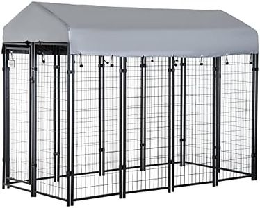 PawHut Outdoor Dog Kennel, Lockable Pet Playpen Crate, Welded Wire Steel Fence, with Water-, UV-Resistant Canopy, Door, 8ft x 4ft x 6ft, Grey