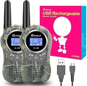 QNIGLO Q168Plus Walkie Talkie Niños Recargable USB,Más de 2KM de Larga Distancia y 8 Canales PMR Voz Activada,Juguetes de Camping al Aire Libre Mejor Regalo,Equipo de Juego de espías(VerdeCamuflaje)
