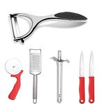 Panchhi Store Stainless Steel Blade Peeler for Vegetables and Fruits with Stainless Steel Knife and Gas Lighter and Slicer Grater for Cheese and Pizza Cutter Kitchen Tools Set