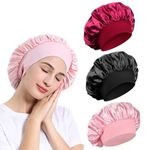 3 Pack Satin Bonnet, Night Sleep Caps with Wide Elastic Band, Silk Wrap, Soft Head Cover Sleeping Hat for Women and Girls Curly Hair (Pink,Black,Red)