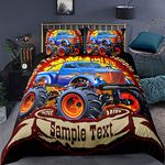 Loussiesd Truck Comforter Cover Double Size Huge Tyres Bedding Set Novel Decorative 3 Pieces Tractor Wheels Duvet Cover Set Cartoon Kids Men Bedspread Cover with 2 Pillowcase Zipper Blue Orange