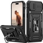 Nvollnoe for iPhone 15 Case with Slide Camera Cover Drop Tested Military Grade Heavy Duty Protective Durable Sturdy Rotate Ring Kickstand Phone Case for iPhone 15(Black)