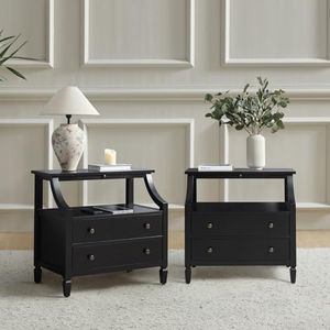 HULALA HOME Large Farmhouse Nightstand Set of 2 with Charging Station, Mid-Century Modern 2 Drawer Dresser, Bedside Table with Pull Out Shelf and Hidden Storage Space for Bedroom, Black