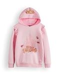 Disney Princess Girls Hoodie | Kids Pink Graphic Hooded Sweatshirt with 3D Crown | Ruffled Arm Hem The Good Fairies Apparel Sweater | Magic Gold Glitter Film Movie Cartoon Character Merchandise Gift