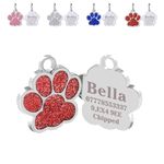 Personalised Cat Tags | Dog Tags for Pets Engraved UK | Pet ID Tags for Dogs & Cats | Glitter Paw Print Stainless Steel Cat Name Tag | Doggy Cat Kitten Kitty Puppy Tag | 4 Colours 25mm (Red)