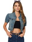 Allegra K Women's Halloween Costume Washed Denim Jacket Button Closure Puff Short Sleeve Crop Jean Top Blue M