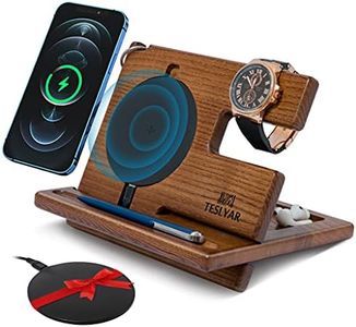 TESLYAR Gifts for Men Wood Phone Docking Station Gifts for him Stand Organizer Men Husband Wireless Charging Pad Slim Birthday Nightstand Purse Tablet Compatible with All Qi Devices