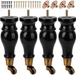 TCHOSUZ 9 inch / 22cm Wooden Furniture Legs with Casters Wheels, Pack of 4 Classic Black Solid Wood Round DIY Replacement Bun Feet for DIY Project Sofa Couch Cabinet Ottoman Bed Riser